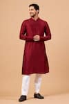 Hilo Design_Maroon Falling Raw Silk Plain Mandarin Collar Kurta Pant Set _Online_at_Aza_Fashions