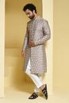 KUSTOMEYES_Silver Cotton Silk Embroidered Floral Thread Sherwani Set _Online_at_Aza_Fashions