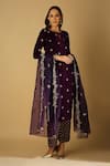 Shop_Monk & Mei_Purple Velvet Embroidery Zari Keyhole Ruhani Kurta Palazzo Set _at_Aza_Fashions