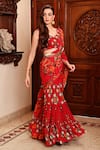 SANAM_Red Chiffon Garden Leaf Neck Claire Pattern Sharara Saree With Blouse _Online_at_Aza_Fashions