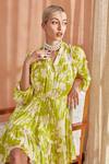 Label Deepika Nagpal Green Chiffon, Viscose Mandarin Collar Ella Tiered Printed Dress Online at Aza Fashions Label Deepika Nagpal_Green Chiffon, Viscose Mandarin Collar Ella Tiered Printed Dress_Online_at_Aza_Fashions