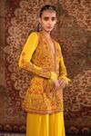 Aditi Gupta_Yellow Satin Beads, Lace V-neck Kashida Work Kurta And Sharara Set _Online_at_Aza_Fashions