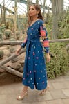 Kacha Tanka_Blue Dupion Art Silk And Cotton Satin Hand Flower & Geometric Jacket Dress Set _Online_at_Aza_Fashions