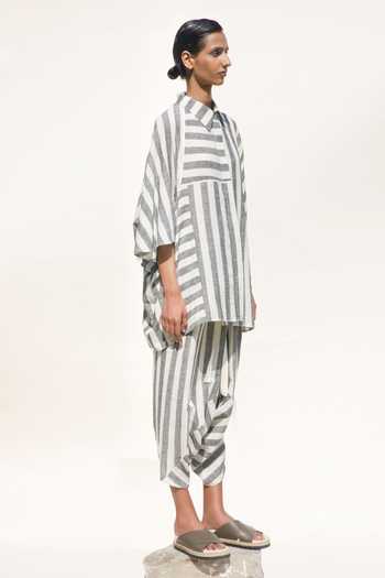 Urvashi Kaur_Black Handloom Cotton Collared Terra Stripe Pattern Asymmetric Shirt _Online_at_Aza_Fashions