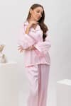 Dawn And Dusk_Pink Satin Collared Neck Rosette Feather Detailed Shirt And Pant Set  _Online_at_Aza_Fashions