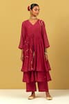 Buy_Ikshita Choudhary_Maroon Chanderi Embroidery V-neck Hand Jacket And Kurta Set _Online_at_Aza_Fashions
