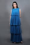 Swatee Singh_Blue Georgette High Neck Pleated And Tiered Maxi Dress _Online_at_Aza_Fashions