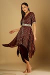 Monk & Mei_Maroon Velvet Embroidered Tamanna Asymmetric Kurta And Dhoti Pant Set _Online_at_Aza_Fashions