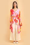 Label Ivish_Pink Silk V-neck Kimono Jacket And Trouser Set With Belt _Online_at_Aza_Fashions