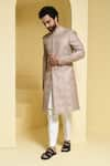 KUSTOMEYES_Beige Silk Embroidered Geometric Sherwani Set _Online_at_Aza_Fashions