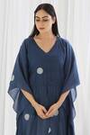 Khat_Blue Handloom Cotton V-neck Navy Polka Pattern Kaftan And Pant Set _Online_at_Aza_Fashions