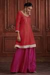 Affroz_Red Silk, Tissue Embroidery, Piping Round Neck Short Kurta Sharara Set_Online_at_Aza_Fashions