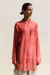 Urvashi Kaur_Red Chanderi Cotton Silk Plain Collared Neck Colina Sheer Shirt _Online_at_Aza_Fashions