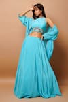 AHI Clothing_Blue Heavy Crepe Hand Embroidered Zardosi Halter Kimono Shrug And Lehenga Set _Online_at_Aza_Fashions