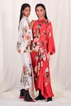 AK-OK_Red Silk Print Ostrich Round Neck Flower And Top & Skirt Set _Online_at_Aza_Fashions