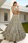 Miku Kumar_Grey Silk, Satin, Net Sequins, Cut Floral Hand Embroidered Bridal Lehenga Set _Online_at_Aza_Fashions
