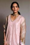 Shorshe Clothing_Pink Handloom Tissue Embroidered Floral V Neck Kurta And Gharara Set _Online_at_Aza_Fashions