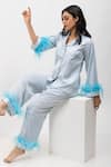 Dawn And Dusk_Blue Silky Satin Collared Neck Dream Feather Detailed Shirt And Pant Set _Online_at_Aza_Fashions