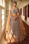 Miku Kumar_Peach Silk Hand Embroidered Sequin Square Neck Scattered Bridal Lehenga Set _Online_at_Aza_Fashions