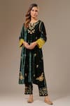 Buy_Anantaa by Roohi_Green Velvet Embroidered Floral Notched Placement Kurta _at_Aza_Fashions