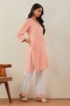 The Indian Cause_Peach Cotton Embroidery Thread V Neck Kali Kurta And Palazzo Set _Online_at_Aza_Fashions