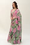 Buy_SANAM_Green Silk Chiffon Floral Bloom Pre-stiched Saree With Cut-out Blouse_Online_at_Aza_Fashions
