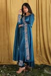 The Aarya_Blue Maheshwari, Silk, Cotton Embroidery, Placement Floral And Peacock Kurta Set_Online_at_Aza_Fashions