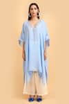 Label Ivish_Blue Silk, Chiffon, Satin Embroidery V-neck Stone Kaftan And Trouser Set _Online_at_Aza_Fashions
