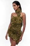 Deme By Gabriella_Green Georgette Embroidery High Neck 3d Floral Embellished Short Dress_Online_at_Aza_Fashions