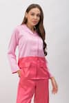 Dawn And Dusk_Pink Satin Collared Neck Mist Dual Tone Shirt And Pant Set _Online_at_Aza_Fashions