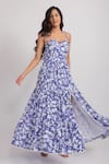 Aroop Shop India_Blue Velvet Lace Sweetheart Neck Berry Floral Print Maxi Dress _Online_at_Aza_Fashions