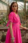 Kacha Tanka_Pink Dupion Art Silk Hand Embroidery Danka V Neck Work Midi Dress _Online_at_Aza_Fashions