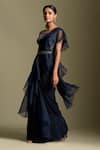 Two Sisters By Gyans_Blue Blouse Net, Saree Georgette And Pre-draped Ruffle With Embellished _Online_at_Aza_Fashions