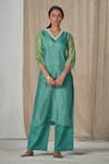 Affroz_Blue Silk, Chiffon Pearls, Lace V-neck Plain Kurta Set With Contrast Dupatta _Online_at_Aza_Fashions