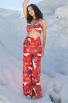Tizzi_Red Chiffon, Satin Floral Print Straight Flared Pant_Online_at_Aza_Fashions