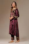 Anantaa by Roohi_Wine Velvet Embroidered Floral Notched Kurta _Online_at_Aza_Fashions