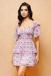 AHI Clothing_Purple Chiffon Printed Floral V Neck Wrap Dress _Online_at_Aza_Fashions