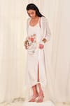 AK-OK_White Satin Embroidery Round Neck, Collared Printed Long Jacket With Slip Dress _Online_at_Aza_Fashions