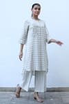 Linen Bloom_Beige 100% Linen Embroidery Thread Round Checkered Tunic _Online_at_Aza_Fashions