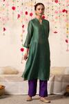 Marche_Emerald Green Kurta : Chanderi V Neck A-line And Pant Set For Women_Online_at_Aza_Fashions