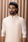 Ankit V Kapoor Peach Georgette, Twill Embroidery, Sequins Thread And Nehru Jacket Online at Aza Fashions Ankit V Kapoor_Peach Georgette, Twill Embroidery, Sequins Thread And Nehru Jacket _Online_at_Aza_Fashions