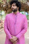 Hilo Design_Purple Dupion Silk Embroidery Checkered Sherwani Set _Online_at_Aza_Fashions