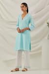 TIC_Blue Cotton Embroidered Chikankari V Neck Solid Kurta Pant Set _Online_at_Aza_Fashions