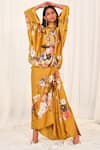 AK-OK_Yellow Silk Print Ostrich Round Neck Floral Top With Drape Skirt  _Online_at_Aza_Fashions