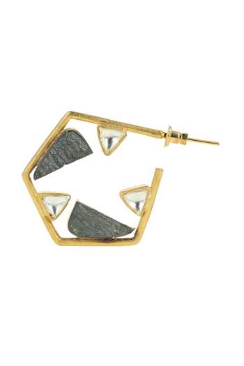 Ishhaara_Gold Plated Pearls, Stones Hexagon Embellished Hoop Earrings _at_Aza_Fashions