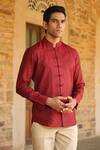 Raw & Rustic By Niti Bothra_Red 60 Lea, European Flax Certified Mandarin Collar Handcrafted Straight Shirt_Online_at_Aza_Fashions