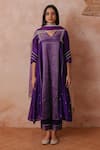 Label Mansi Nagdev_Purple Chanderi Woven Stripe V Neck Maryam A-line Kurta Set _Online_at_Aza_Fashions