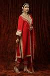 Shikhar Sharma Red Silk Chanderi Embroidered Pearl V Neck Kurta Pant Set Online at Aza Fashions Shikhar Sharma_Red Silk Chanderi Embroidered Pearl V Neck Kurta Pant Set _Online_at_Aza_Fashions