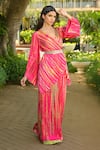 Disha Kahai_Pink Satin Silk Hand Embroidered Tie-dye V Pattern Overlap Top And Palazzo Set _Online_at_Aza_Fashions