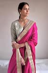 Shorshe Clothing_Pink Silk Satin Hand Embroidered And Embellished Pearl & Gota Handwoven Saree _Online_at_Aza_Fashions